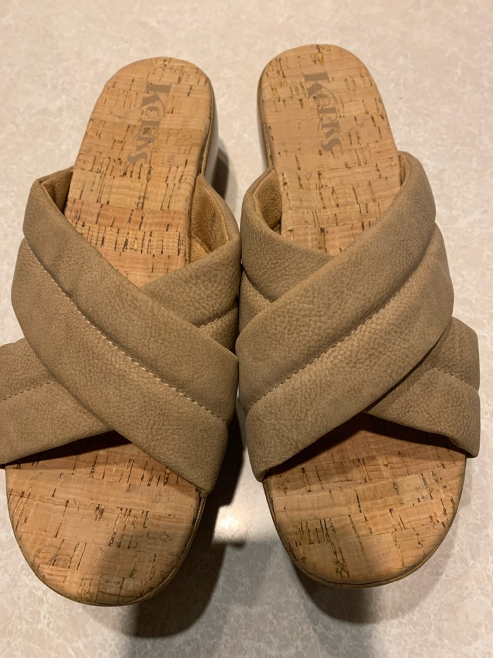 Korks Tan Crisscross Cork Slide Mules Size 8